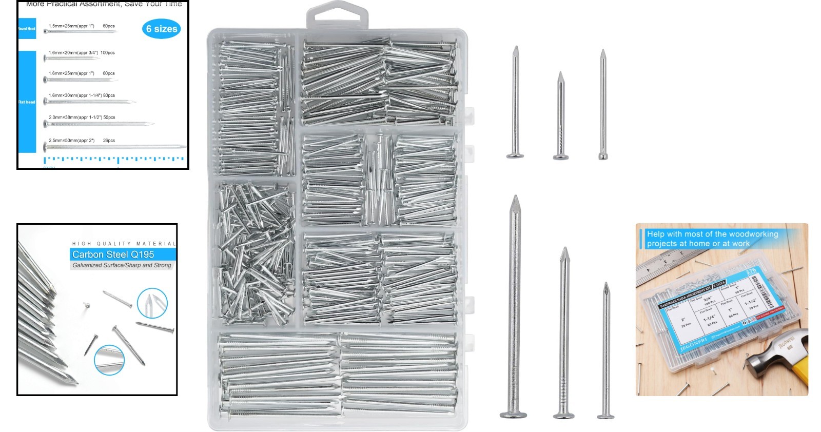 376pcs Hardware Nails Set – 2-Inch Galvanized for Woodworking Projects