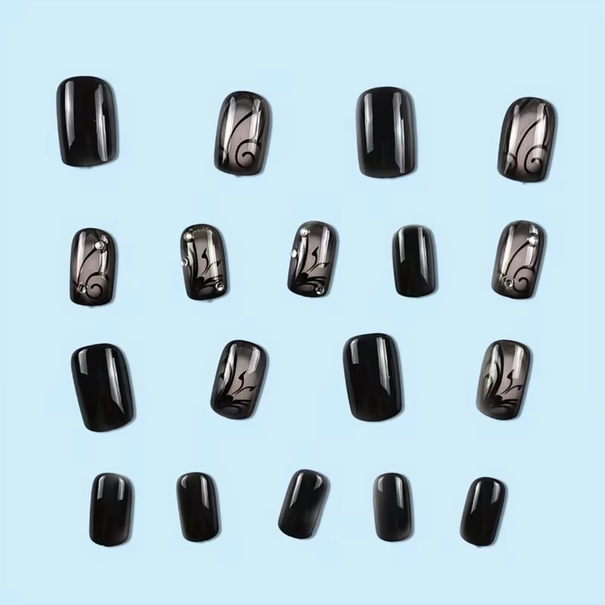 24 pcs Black Swirls on Nude w Rhinestones Medium Length Square Press on Nails