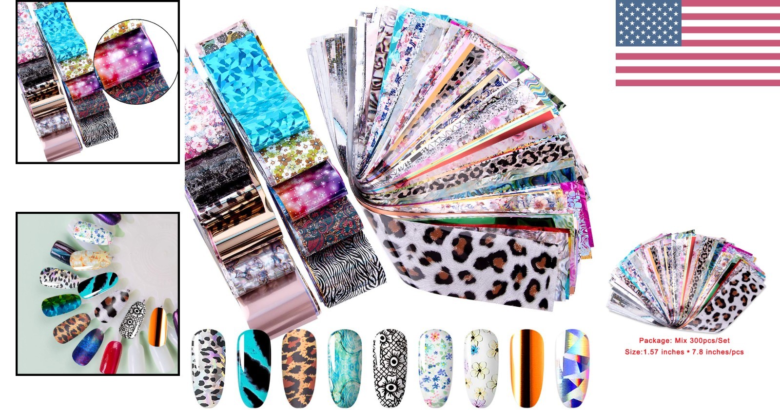 Self-Adhesive Nail Art Foils: 300 Sheets of Floral & Starry Designs for Easy Use