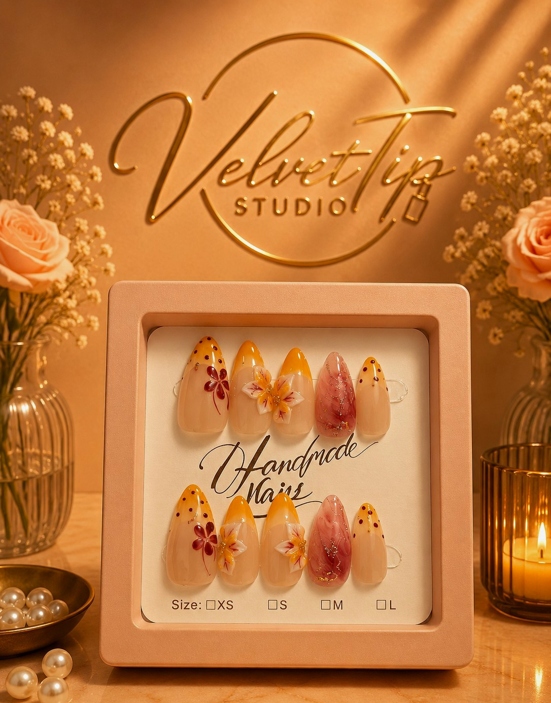 Handmade 3D Floral Almond Press-On Nails Beige Orange Pink Size M