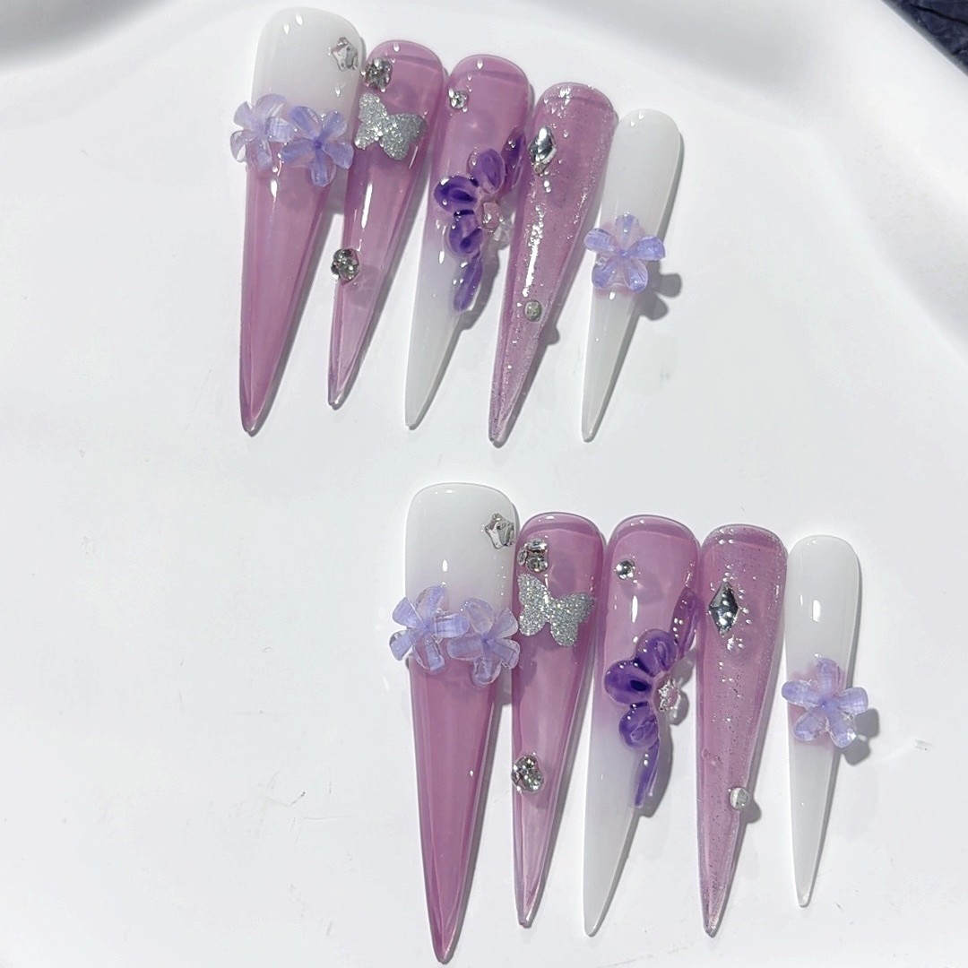 10Pcs Purple White Gradient 3D Butterfly Long Stiletto Press On Nails For Party
