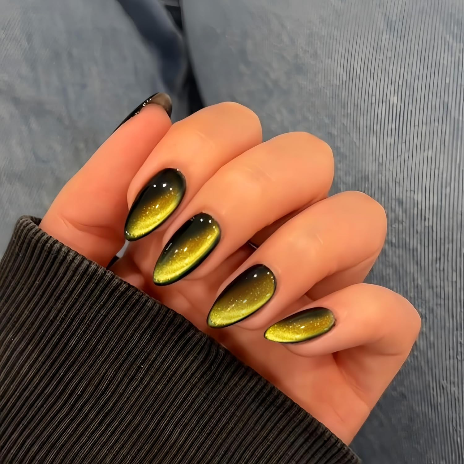 Cat Eye Warm Brown Press on Nails Almond, Glitter Press on Nails Medium, Sparkly