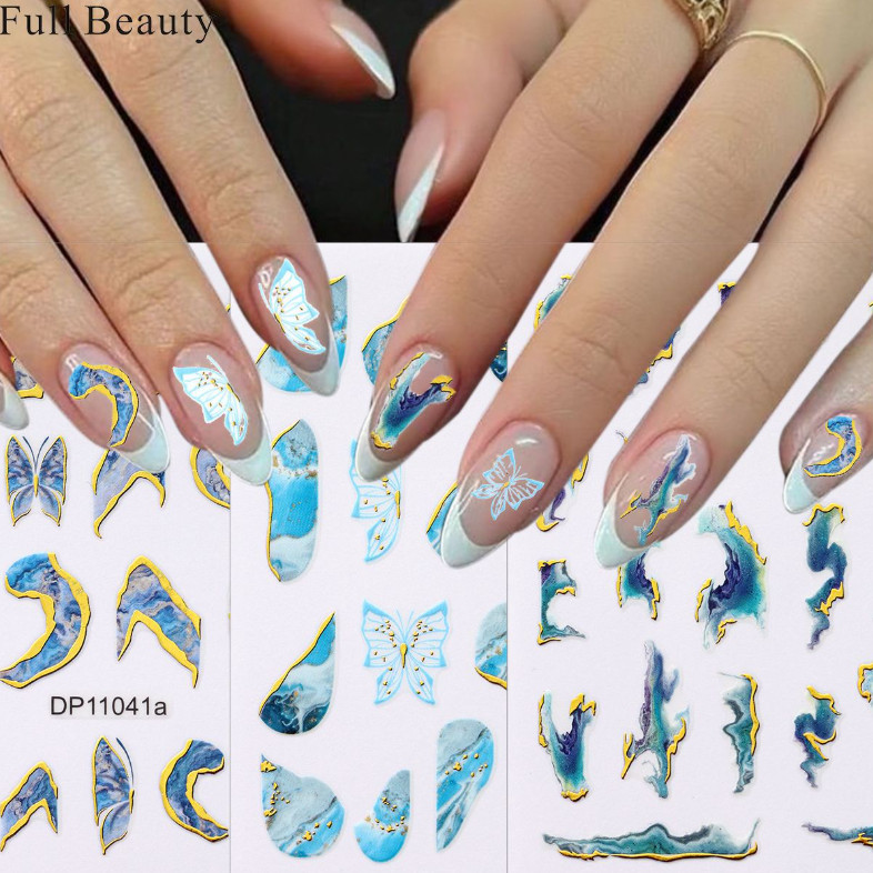 4 Sheets 3D Marble Nail Art Wraps Gold Swirl Stripe Stickers Self Adhesive NS2