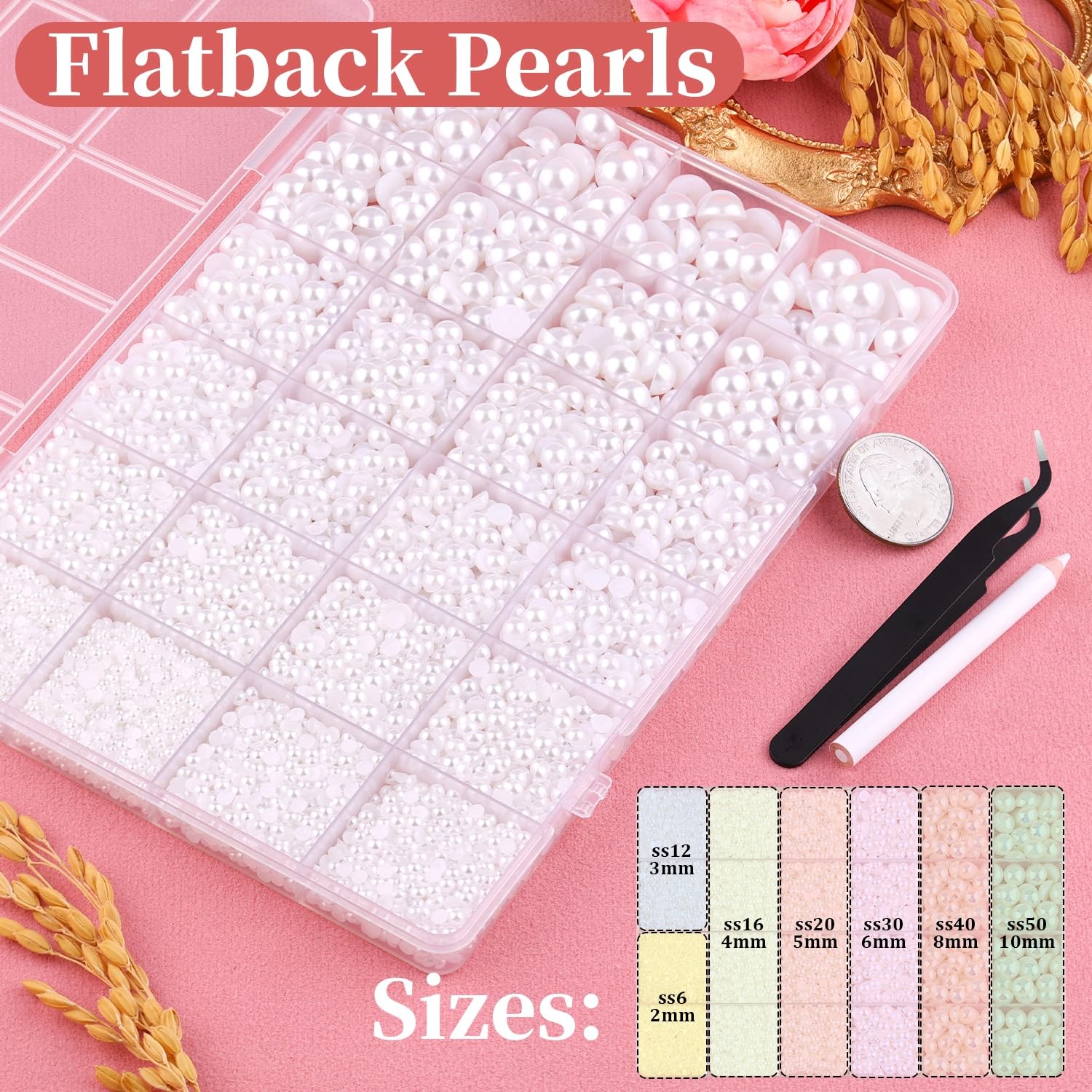 14000Pcs Flatback Pearls for Crafting White, Assorted Size 2/3/4/5/6/8/10mm H…