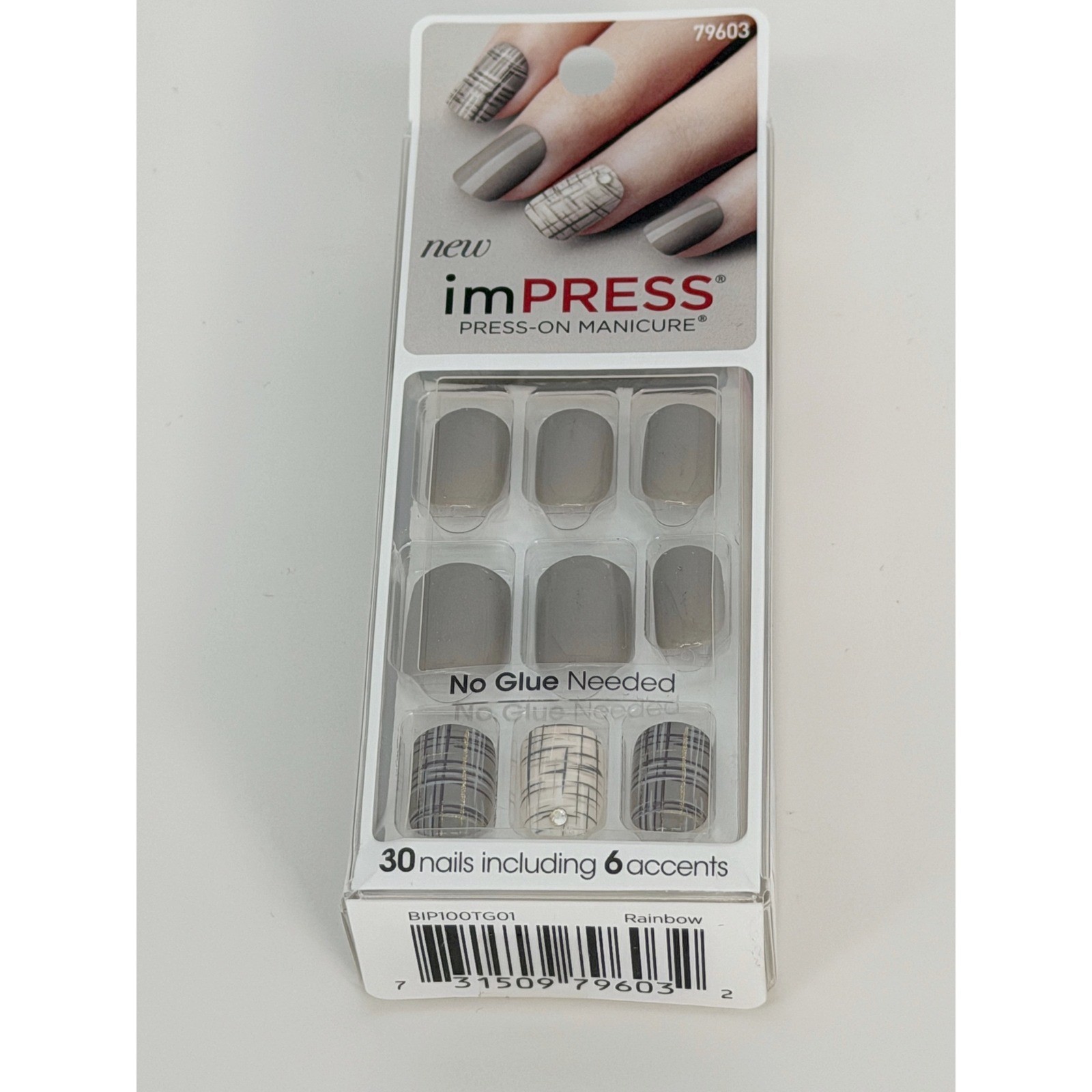 imPRESS Press-On Manicure Rainbow Taupe Plaid 30 Nails New Neutral Chic 94-35