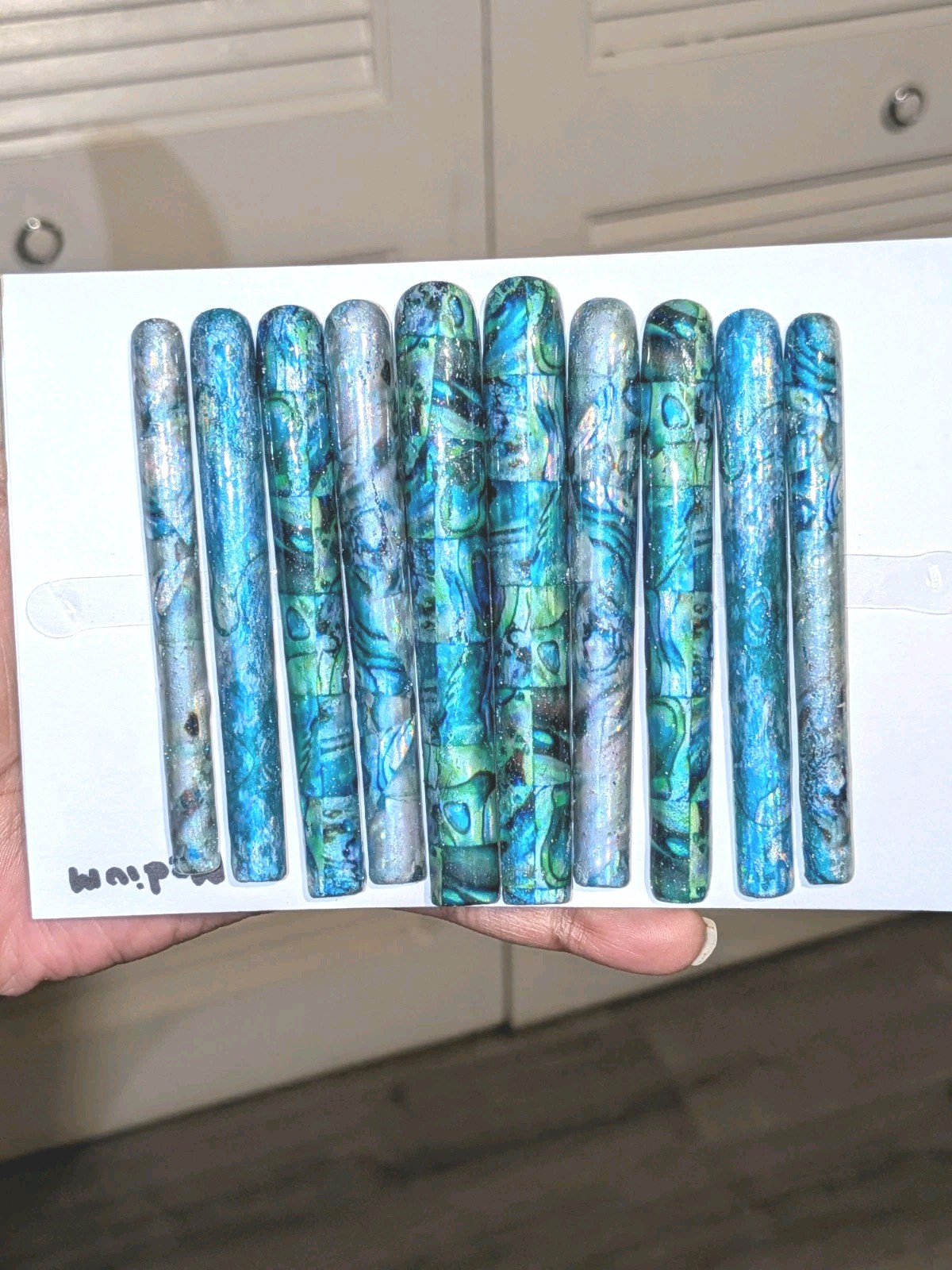 Hand Crafted 6Xl Acrylic Teal and Blue Marble Long Press-On Nails Sz Medium