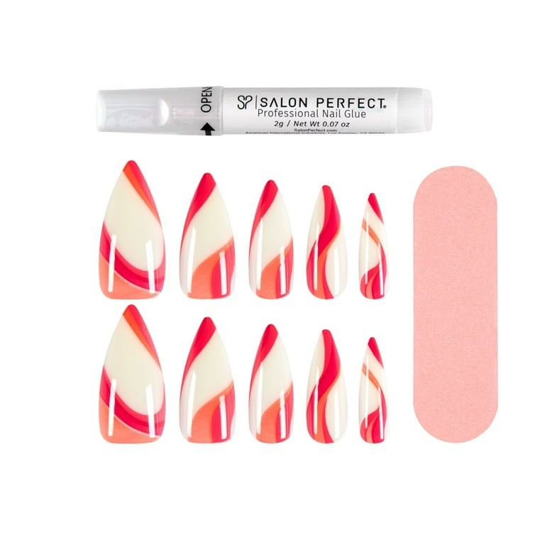 2 Salon Perfect Modern Art Press On Nails, Red Swirl Fake Nail Kit, 30 Pieces