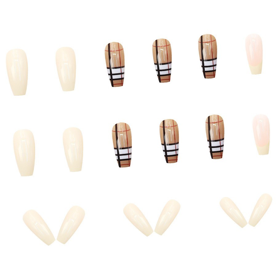 48 Pcs Plaid Press on Nails, Long Coffin Cream Nude Minimal Glossy Fake Nails