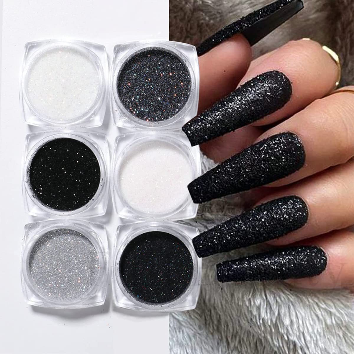 6 Jars Nail Glitter Powder Black White Sliver Dust Sugar Powder, Superfine Fr…
