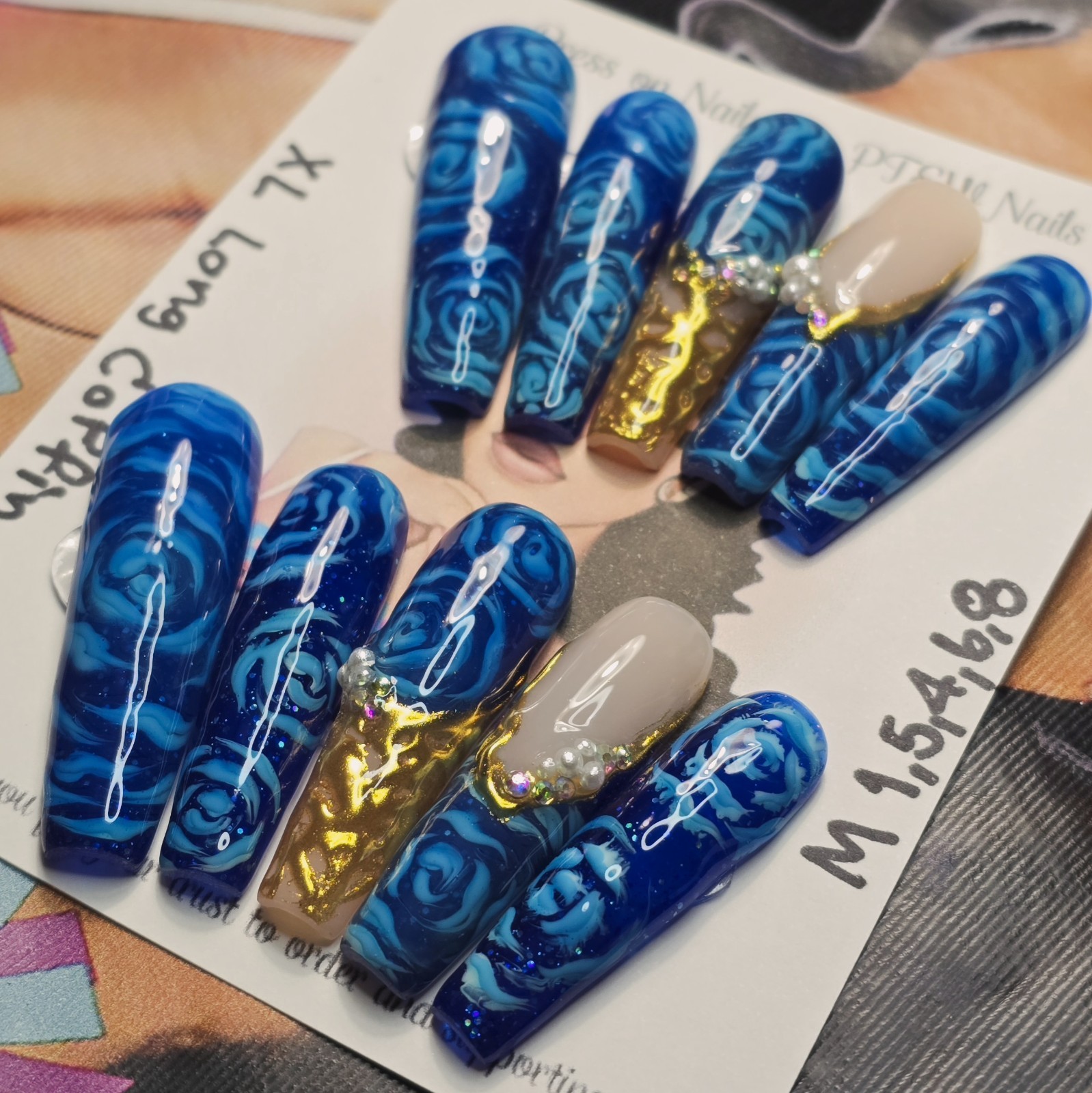 Handmade Gel Press On Nails,V Rose Nails,Medium Size 1,5,4,6,8 XL Long Coffin