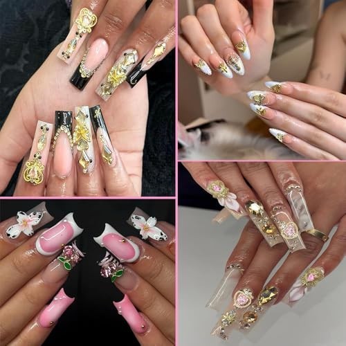 160pcs Gold Nail Charms 3D Butterfly Cherry Heart Cross Bow Star Dollar Flower C
