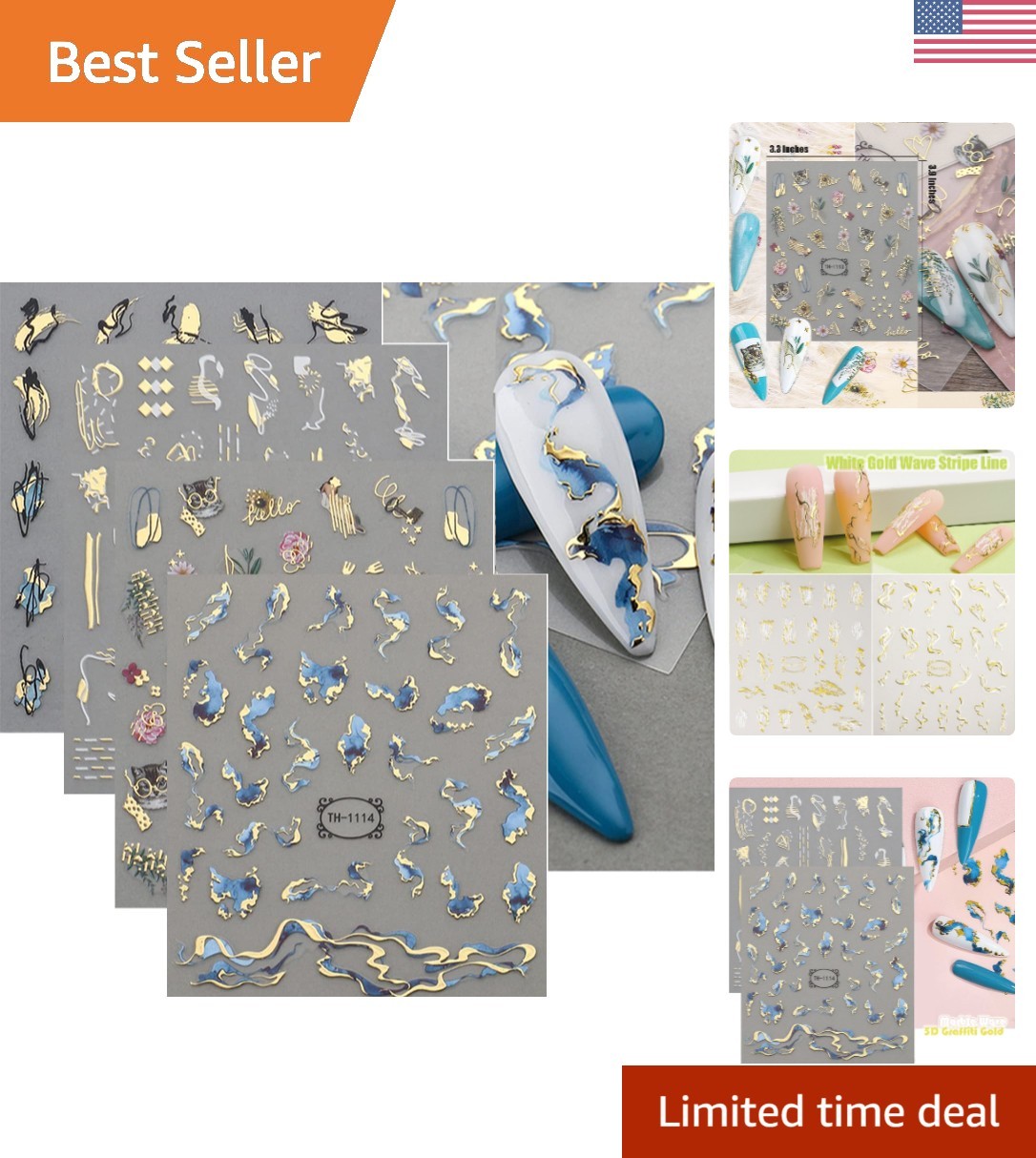 Chic 12 Sheet Nail Decals with Gold Stripe & Floral Patterns – DIY Decoration