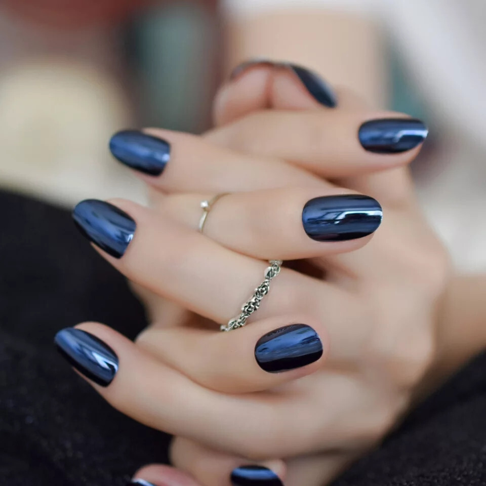24 Short Press on nails kit w/ glue dark blue chrome mirror round oval almond