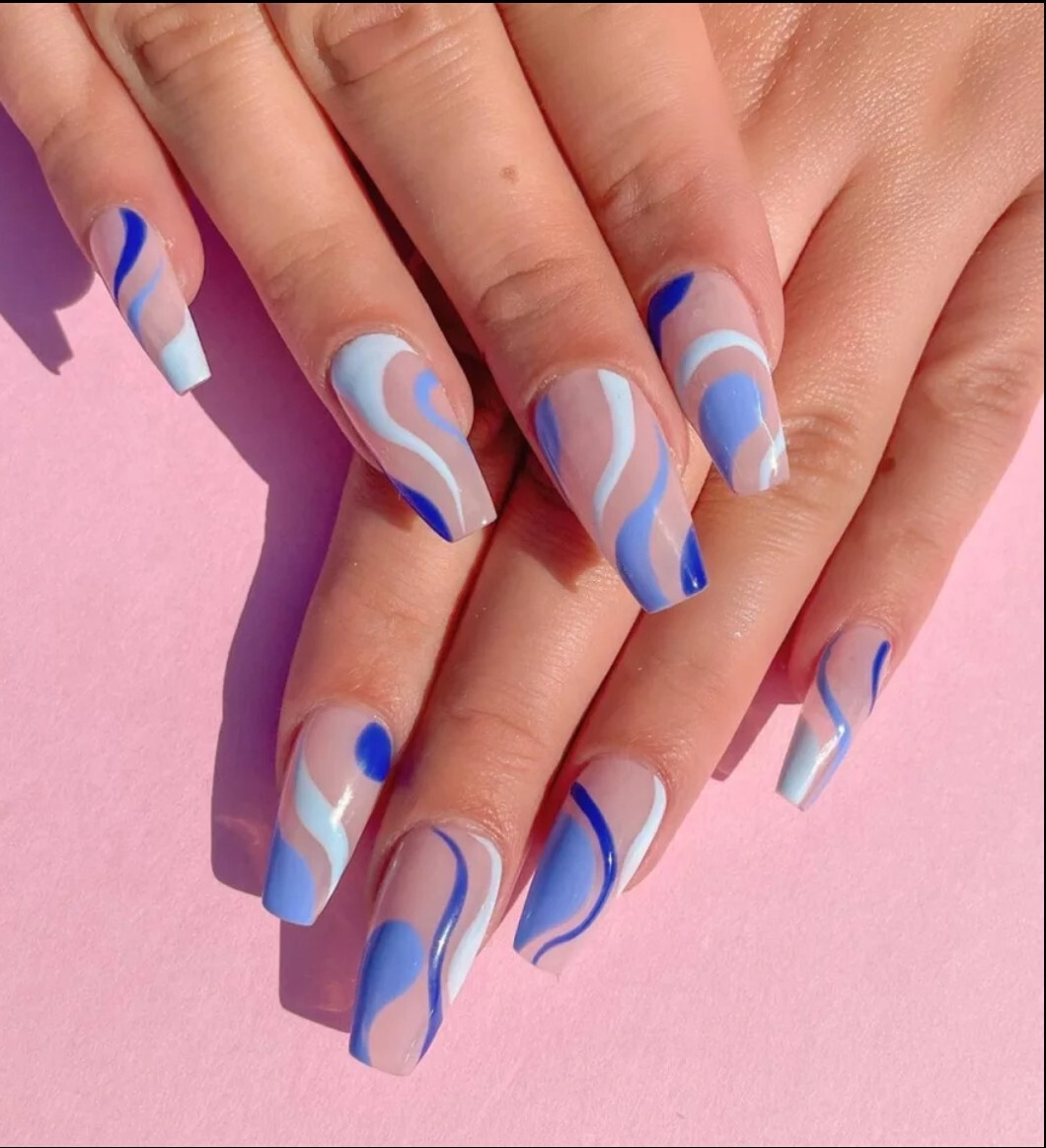 24 Press on nails kit w glue square Swirl Blue Nude design lava lamp pink
