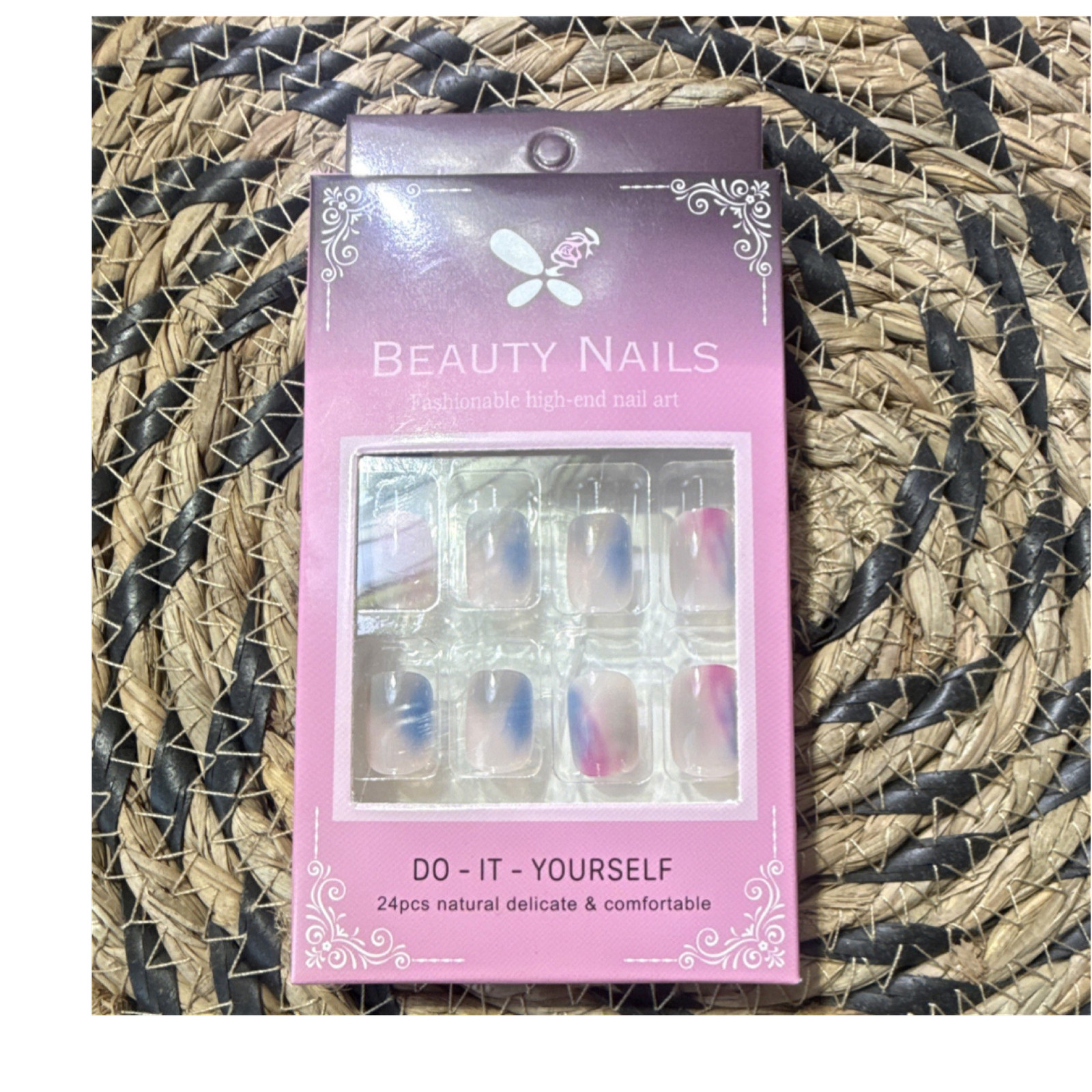 Beauty Nails Press-On Nails Set 24pcs Pink Blue Clear Shiny Full Cover Acrylic