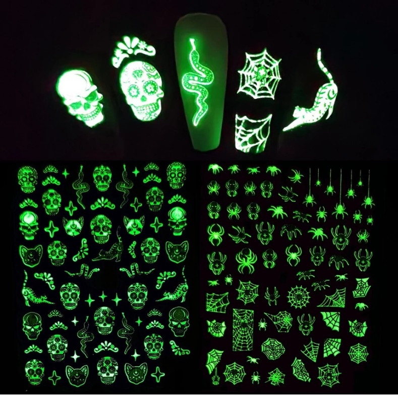 Halloween Nail Art Sticker Fluorescent Skull Spider Witch Ghost Pumpkin Bat NS43
