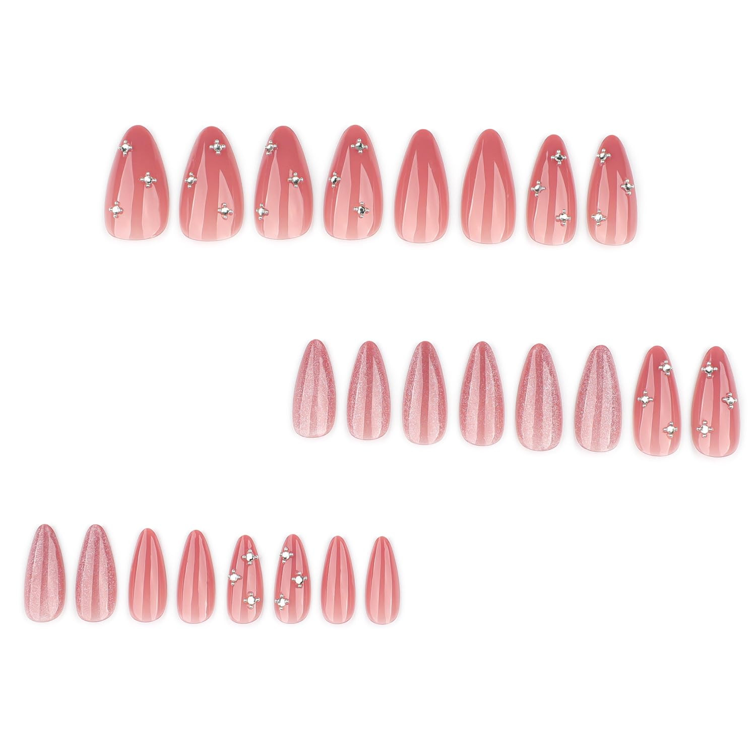Nude Pink Cat Eye Press on Nails Almond Shape, Glossy Milky Pink Fake Nails with