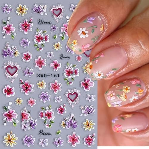 Flower Nail Stickers 3D Self-Adhesive Colorful Floral Nail Art White Daisy