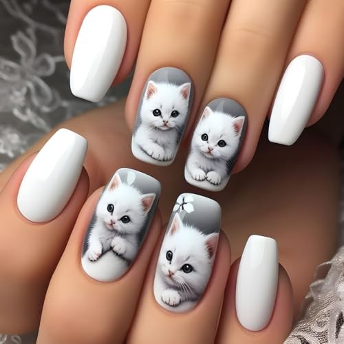 White Square Cute Cat Nails – Medium Square Cute Cat Press on Nails W6