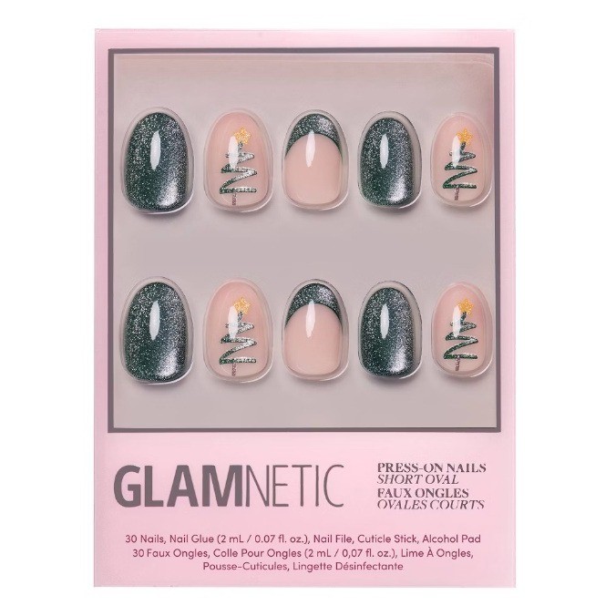 Glamnetic Press On Nails Short Oval Velvet Pine Holiday Green Tree Design
