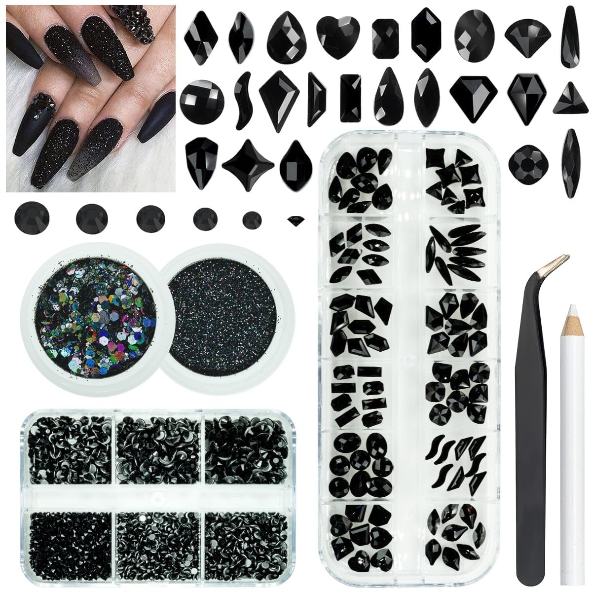 4 Boxes Jet Black Nail Rhinestones and Glitters 24 Shapes K9 Glass Flatback G…