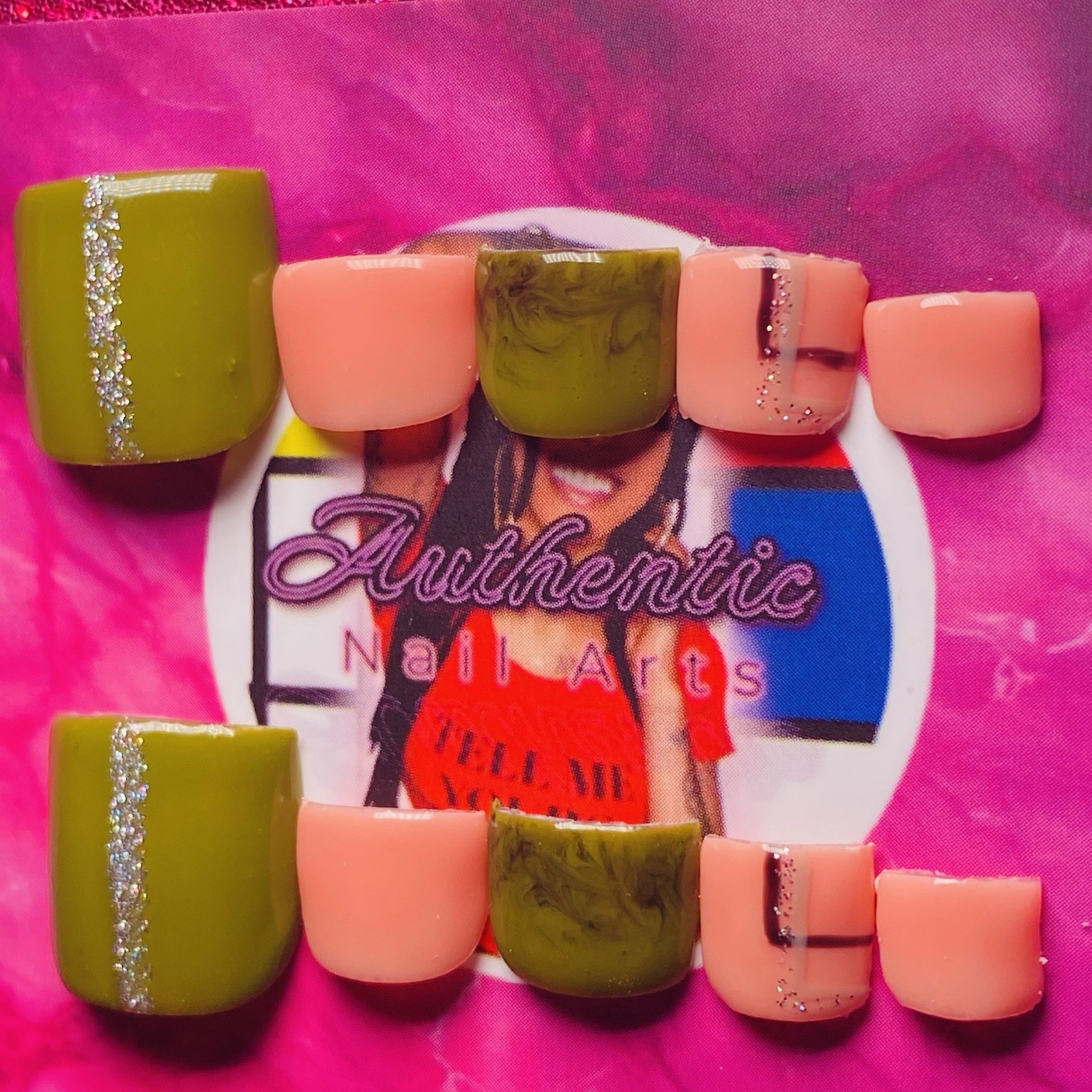 Square Press-On Nails Olive Green Peach Marble Glitter by Authentic Nail Arts