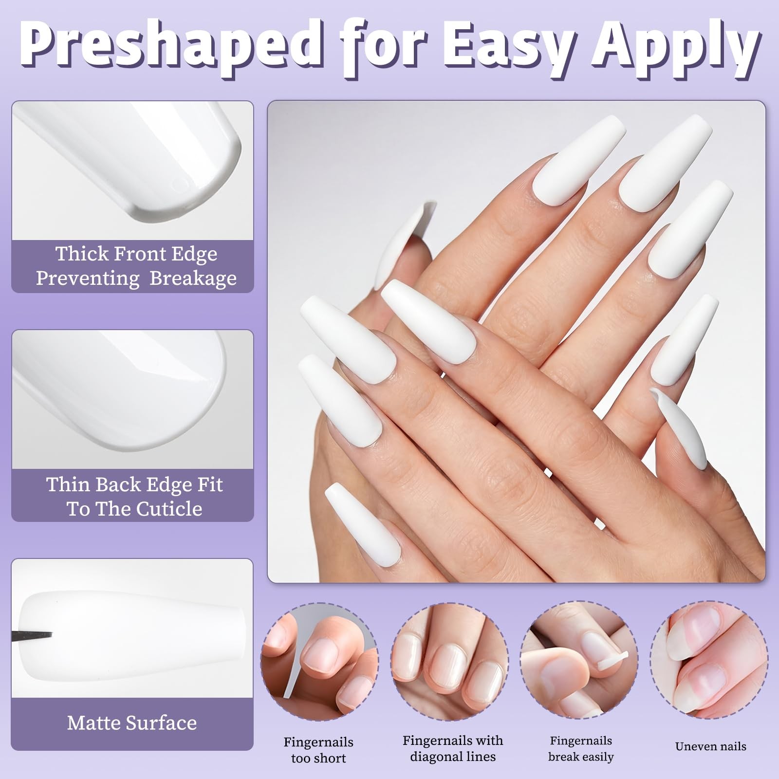 120pcs White Matte Press on Nails Long Coffin Press on Nail with Glue and Jel…
