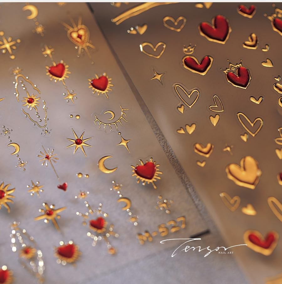 5D Embossed Gold Star Nail Stickers Red Heart Nail Decals Star Moon Style-23