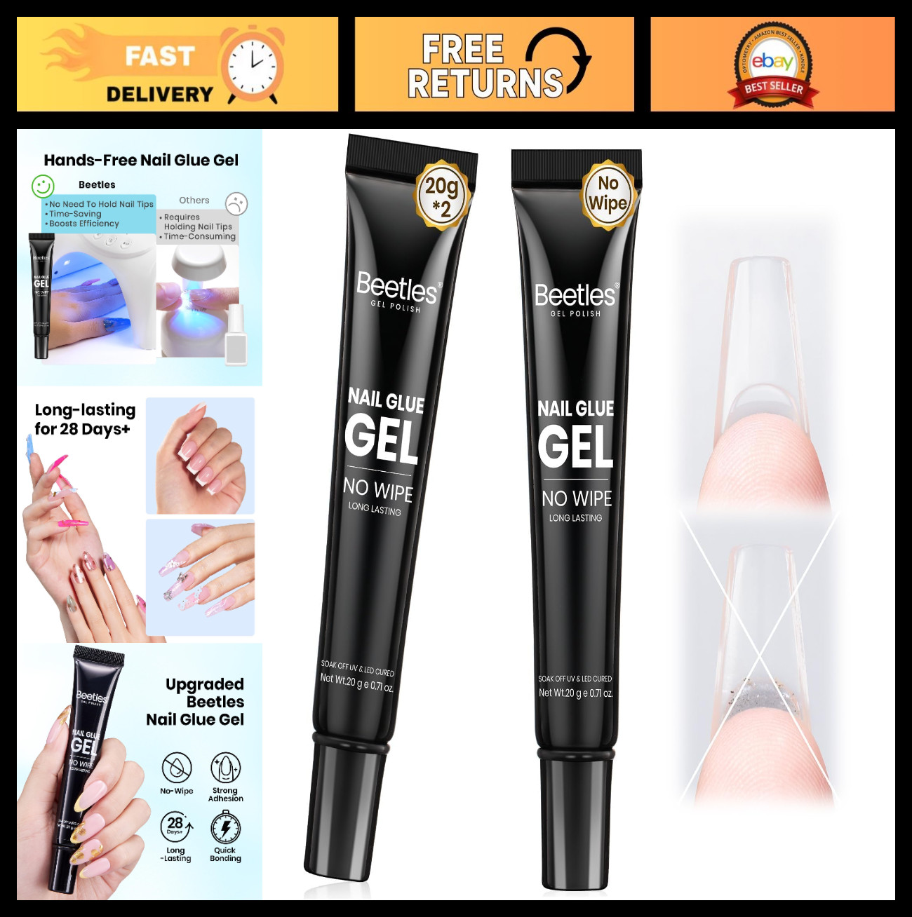 Solid Nail Glue Gel 2Pcs 20g for Nail Tips – Super Strong Adhesive for Press On