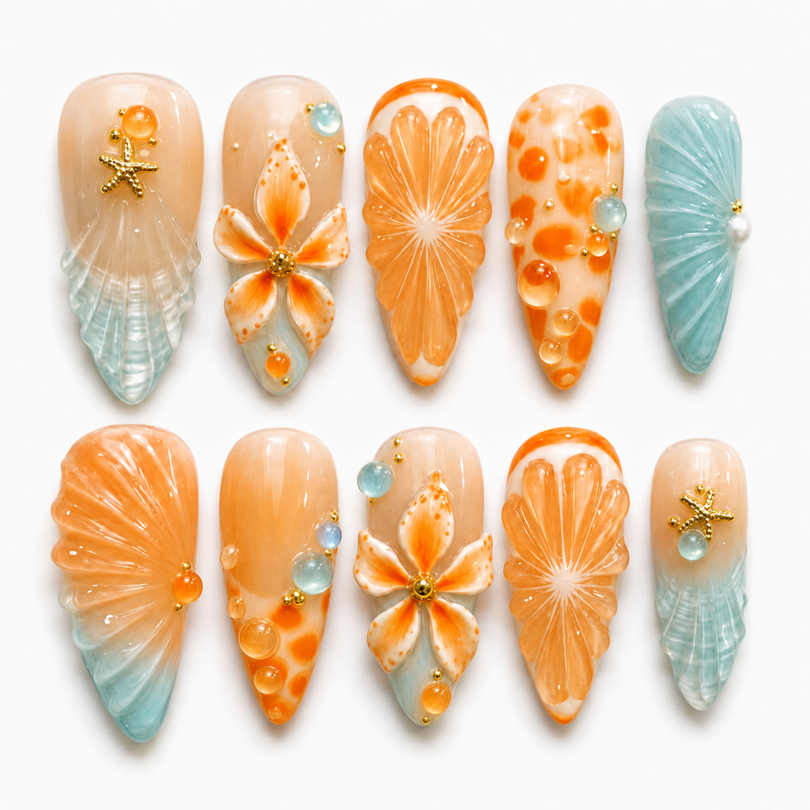 Handmade Orange 3D Floral Press On Nails Seashell Pearl Starfish