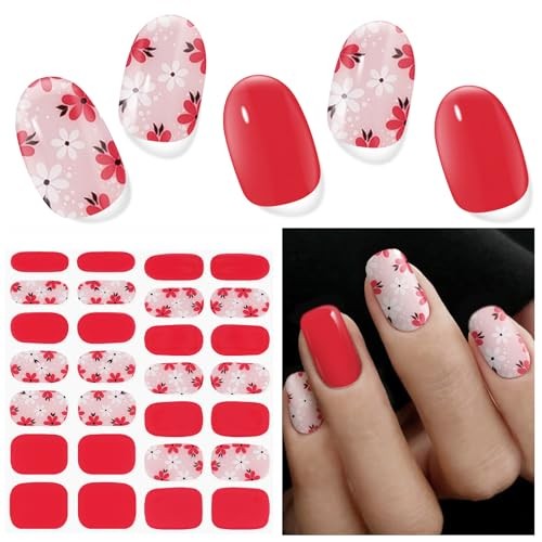 Semi Cured Gel Nail Strips, 28 Pcs UV Gel Nail Stickers, D.02a Red Pink Flowers