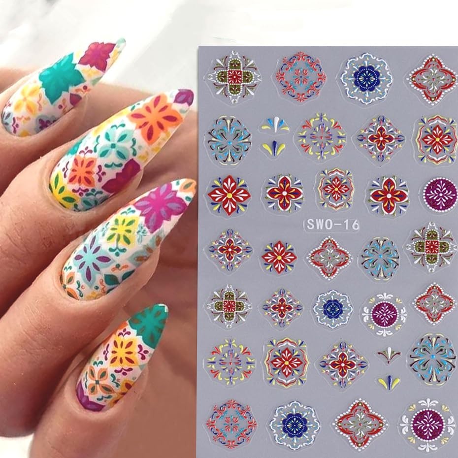 6 Sheets Bohemian People Nail Art Stickers 3D Self Colorful Plaid Flower