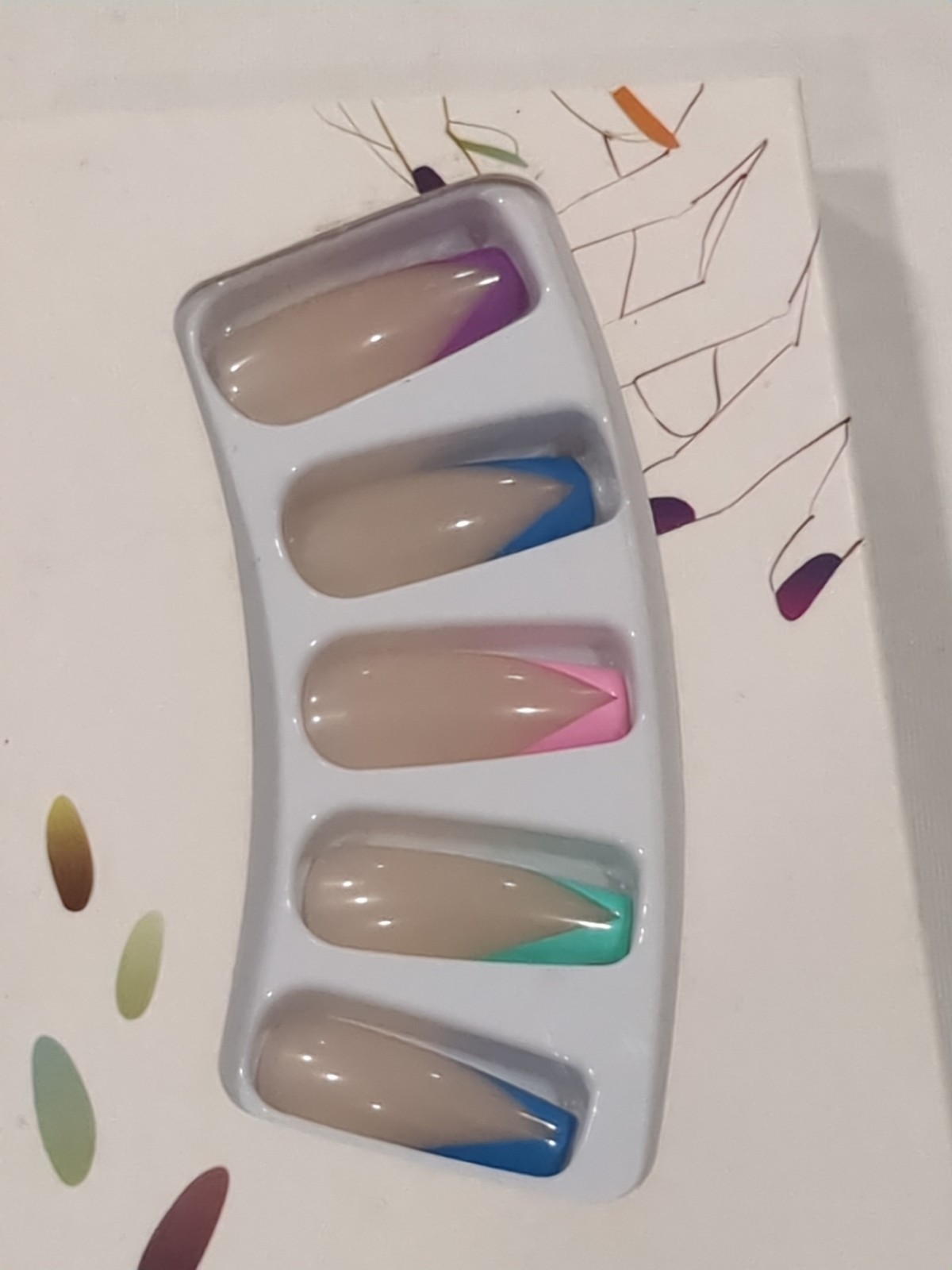 24Pcs False Nails Colorful French Manicure Full Cover Long Coffin – 2 Kits- New