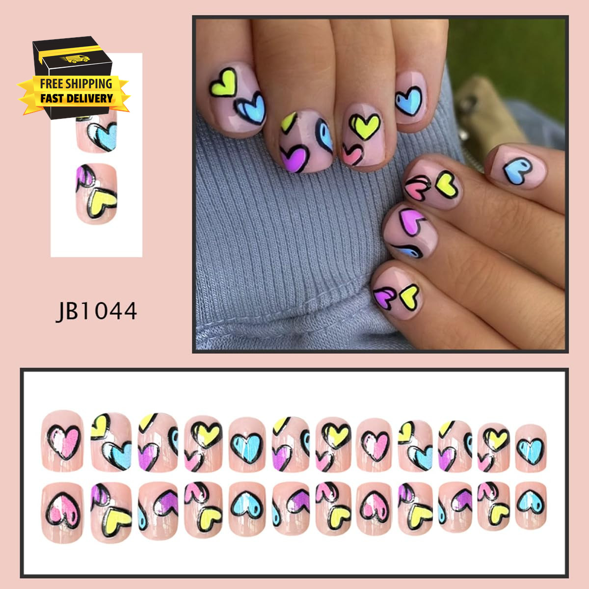 24Pcs Colorful Heart Press on Nails Short Square Fake Nails Blue Yellow Pink Hea