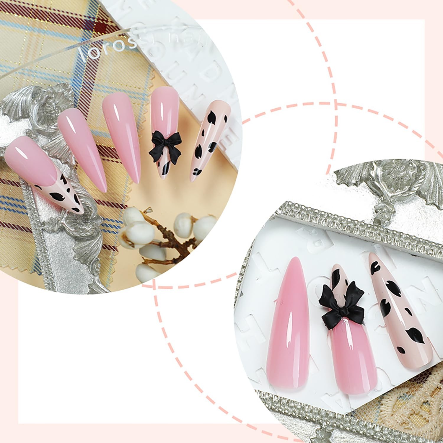 Pink Leopard Press on Nails Long Length Almond Tip False Nails 3D Black Bow D…