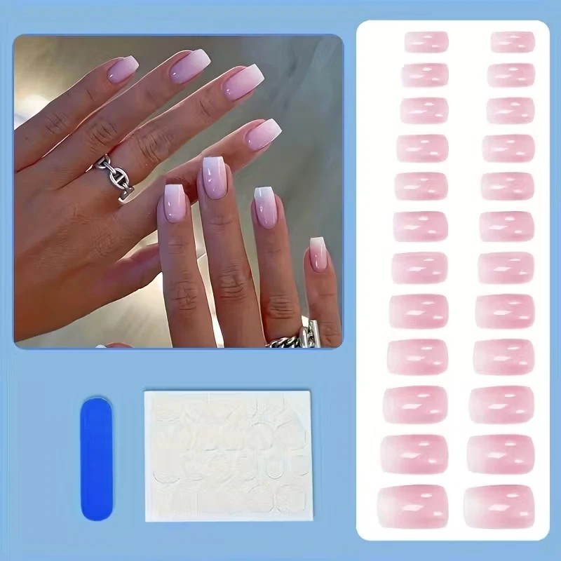 Pink Gradient Reusable Press-On Nails Short Length Square 24 Pieces New
