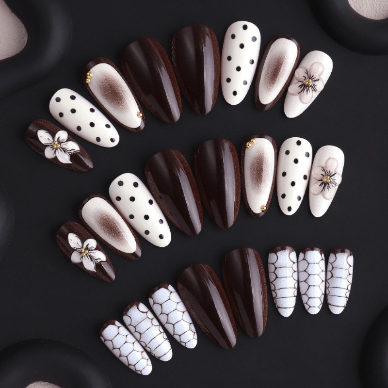 48 Pieces of Grey and White Mixed Element Fake Nails – Removable Fake Nail Art