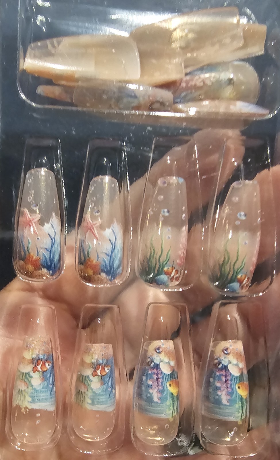 Press-On Nails Blue Clown Fish Medium/Long Coffin Shaped Squared Finish