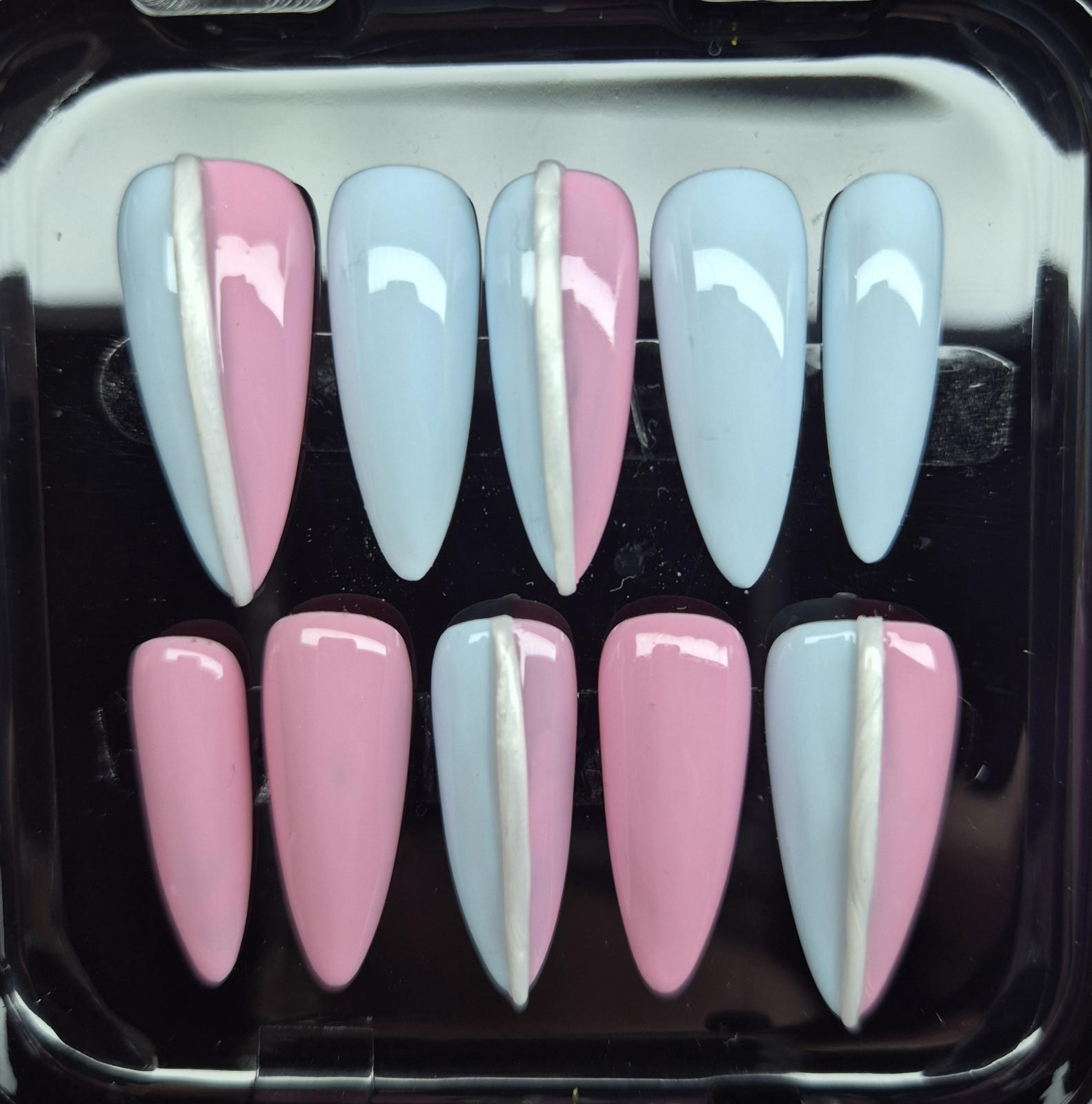 Pink Blue White Shiny Abstract Long Stiletto Press-On Nails Pre-Designed Full C…