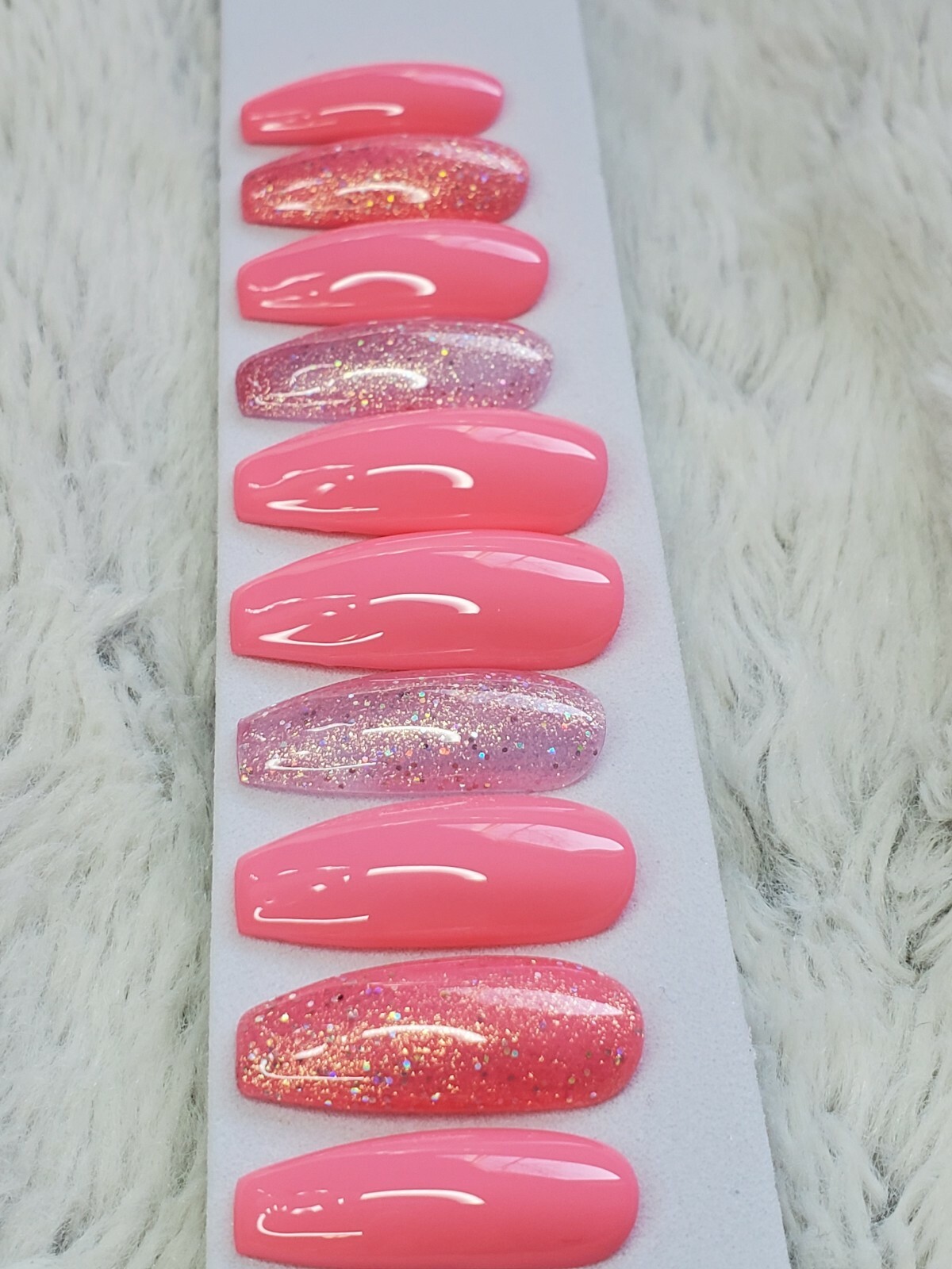 Bright barbie pink Nails Long coffin neon glitter press on nails baby gender set