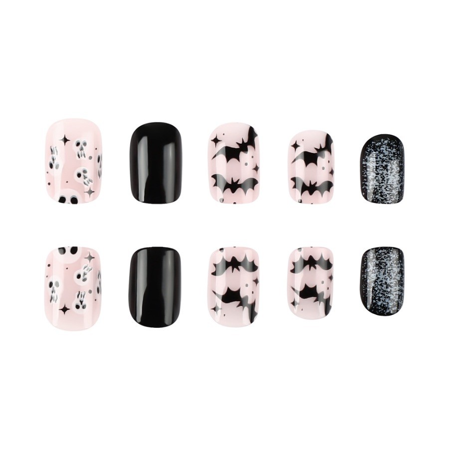 48pcs-Cute Spooky Nails, Press on Short Square with Pink, Black & Silver Glitter