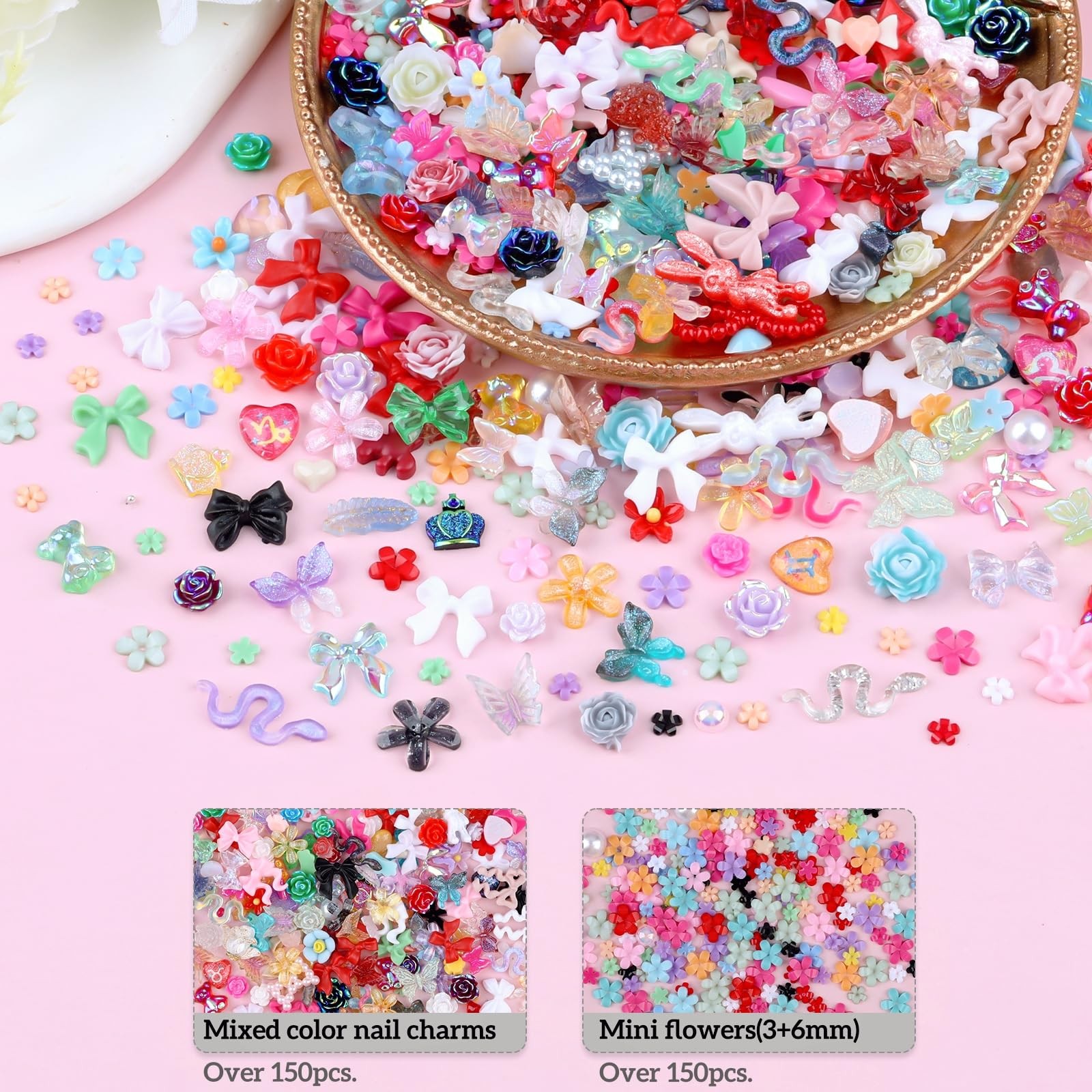 3D Mix Assorted Resin Nail Charms tar Heart Flowers Acrylic Beads 300 Pieces