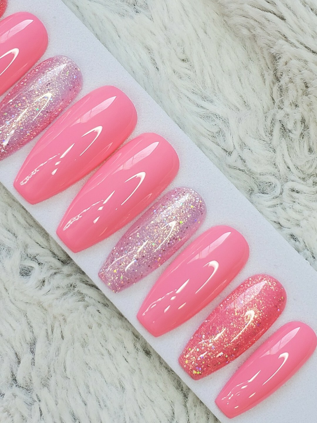 Bright barbie pink Nails Long coffin neon glitter press on nails baby gender set