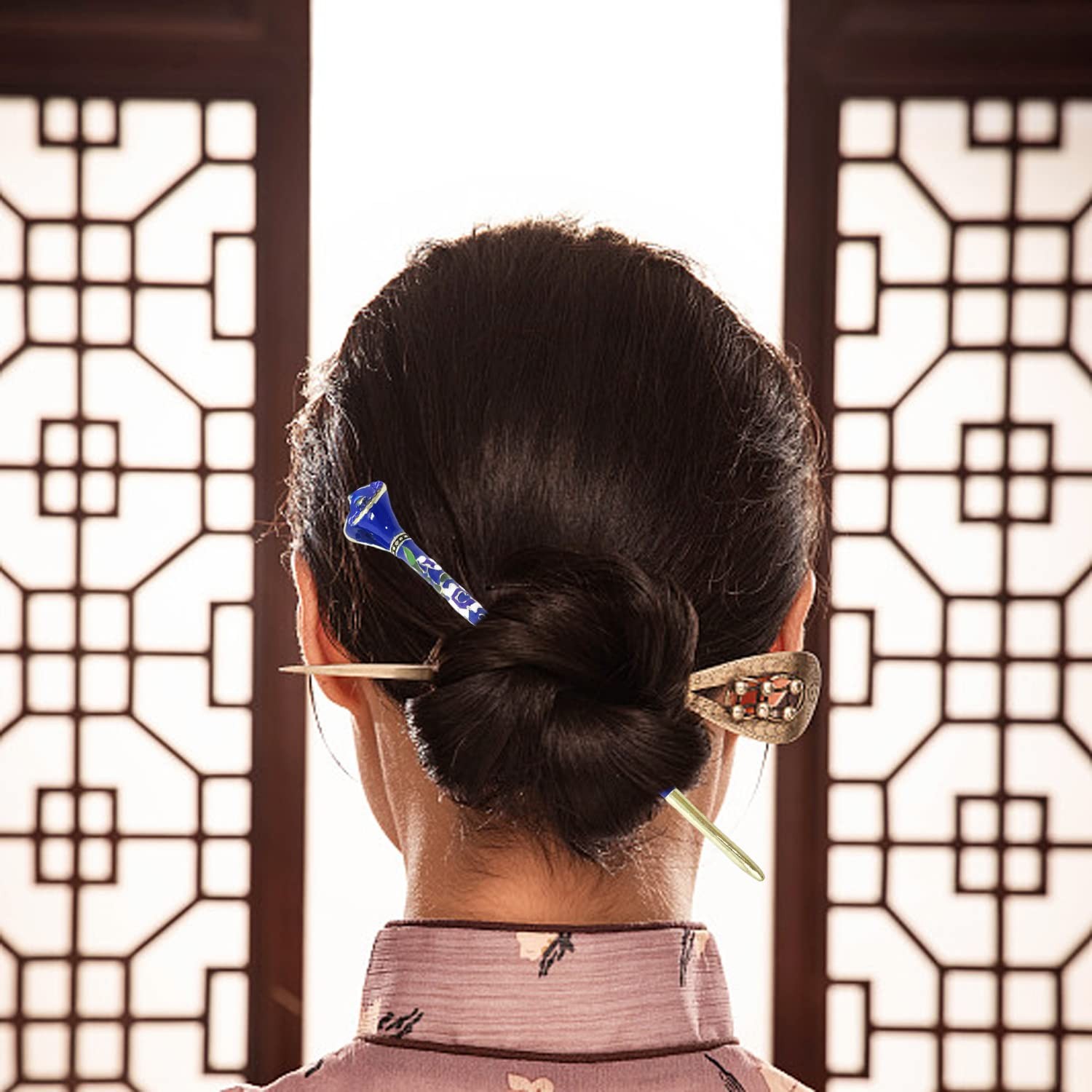 Honbay Cloisonn Vintage Hair Stick With Calla Chinese Traditional Style Blue