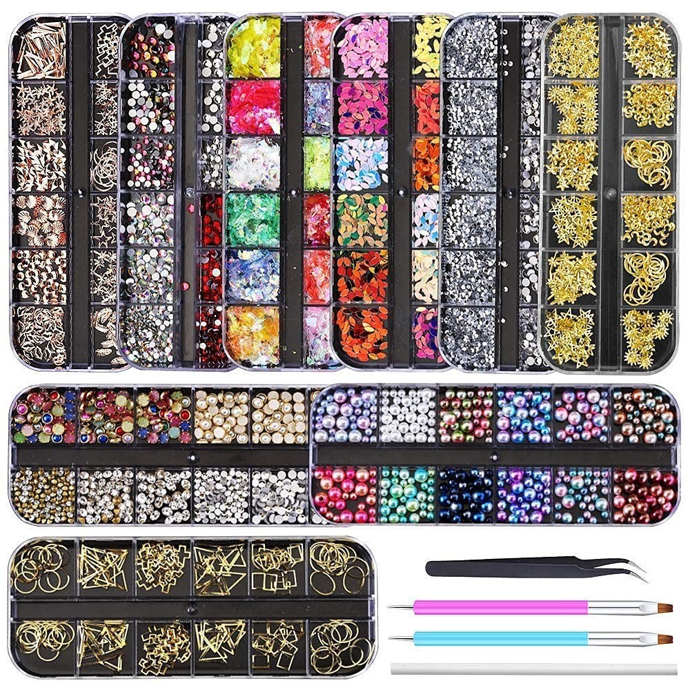 Alluring 9-Box Nail Art Supplies Set with High-Quality Rhinestones & Accessories
