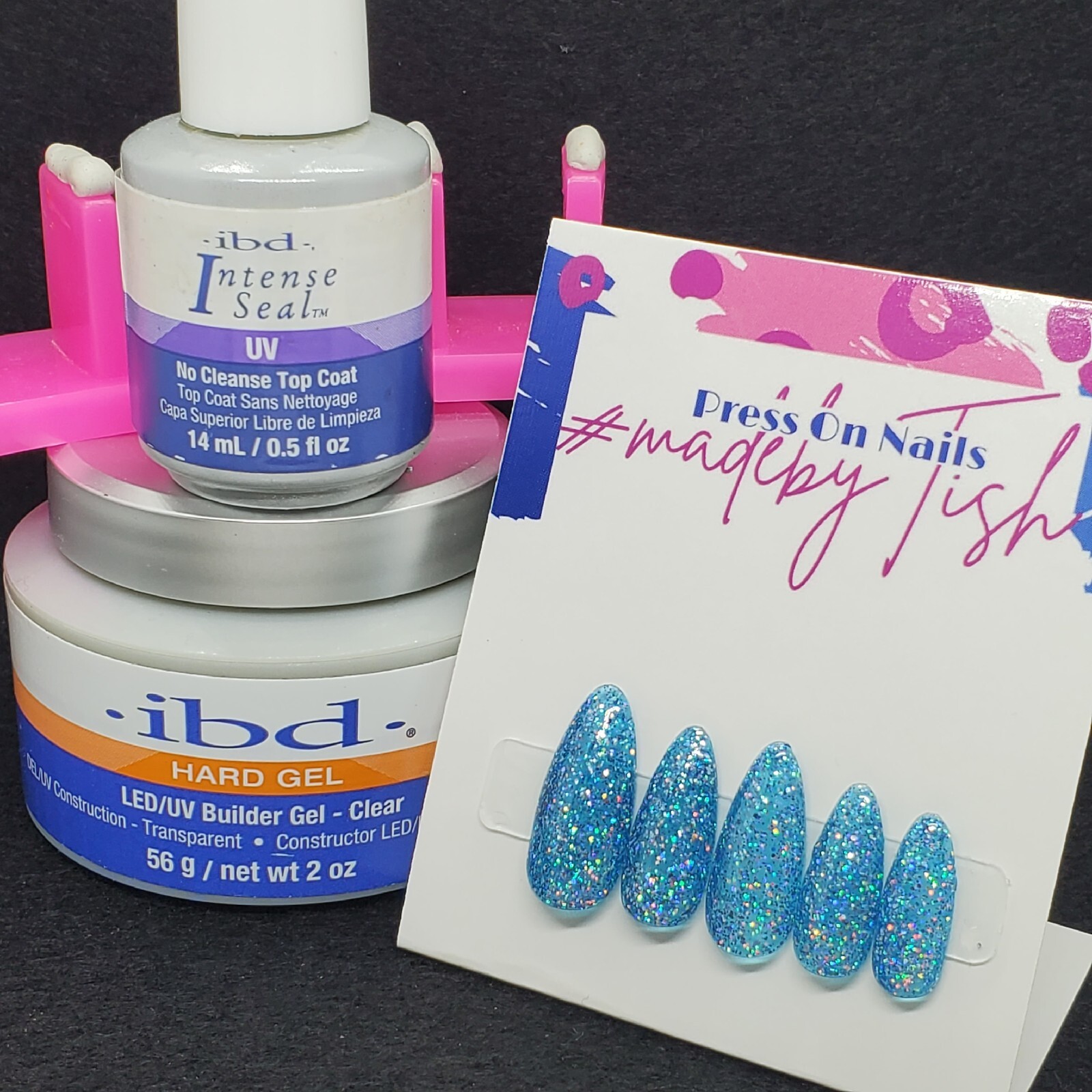 #180 Bright Blue Holo Glitter Press On Nails | Handmade | Hard Gel Glue on Nails