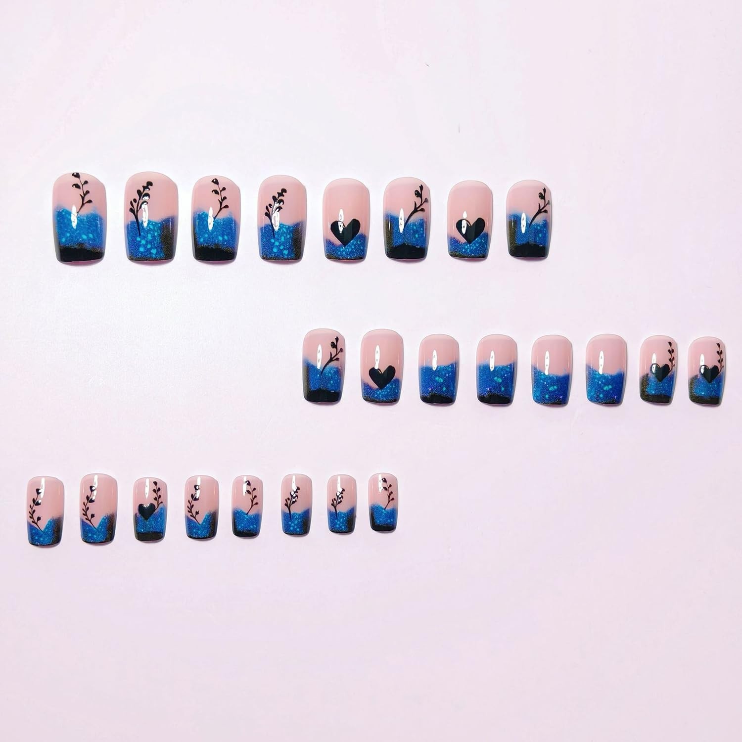 24 Pcs Blue Gradient French Tip Press on Nails Short Square Shaped False Q11