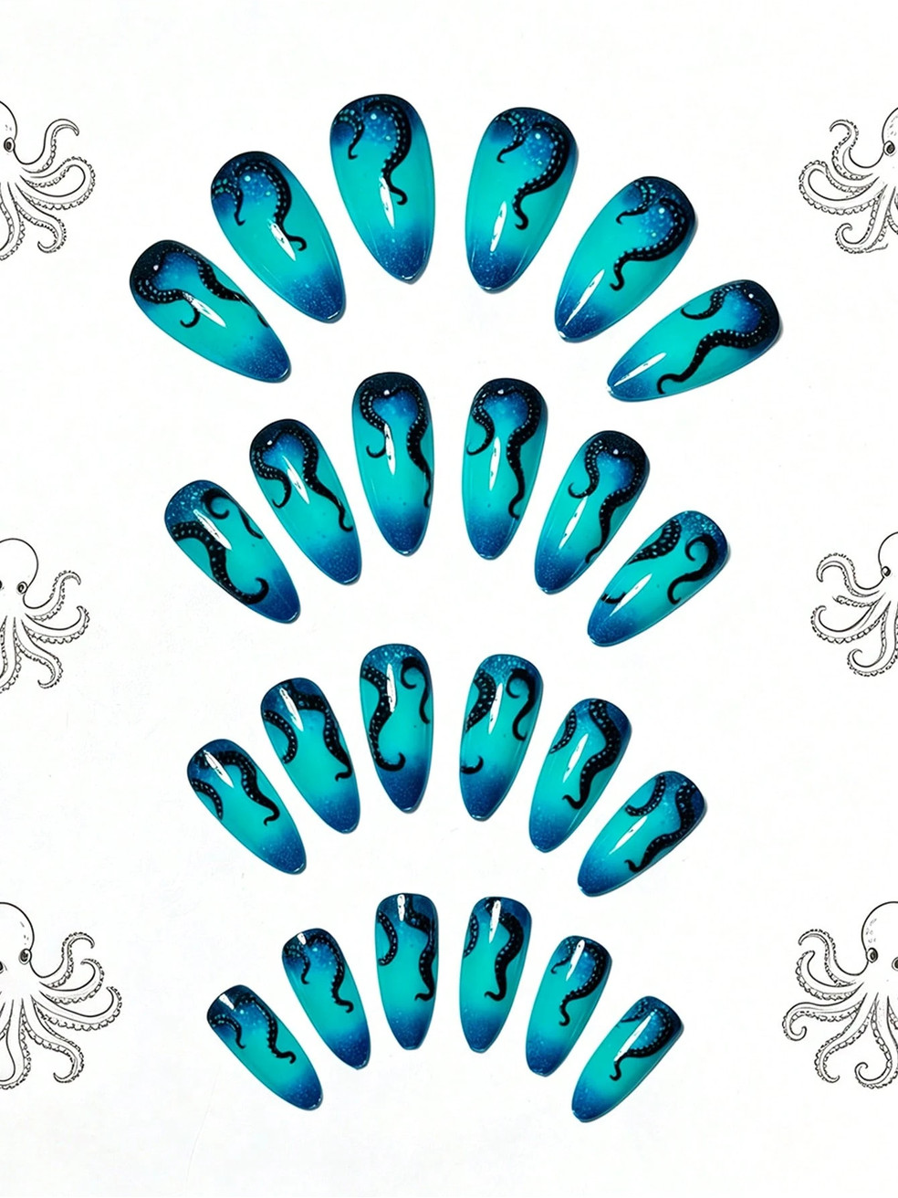 Blue Teal & Black Octopus Press On Nails NEW Goth fashion Halloween Summerween
