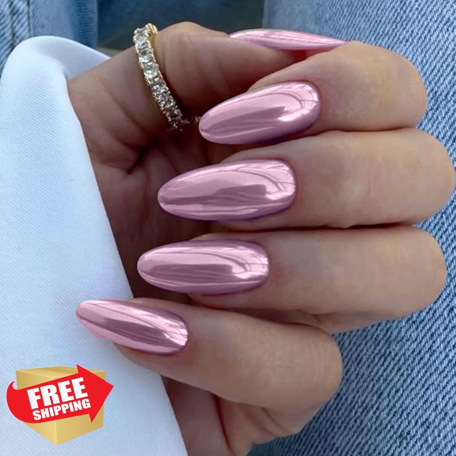SEMATA Light Purple Chrome Almond Press on Nails Medium Acrylic 24Pcs