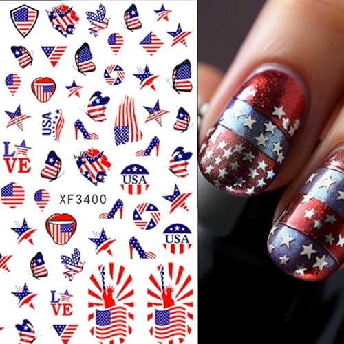 8 Sheets Independence Day Nail Stickers Blue Red Nail Decals Flag Blue, Red-8